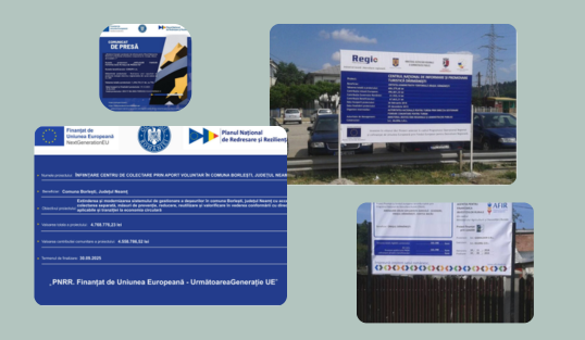 Panouri de informare și semnalistică legală (PNRR, AFIR, POR, POCU, PNRAS etc.)